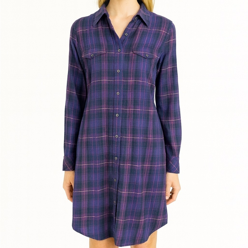 Kavu Jurnee Night Fever Dress Purple Plaid Flannel Button Up Elbow Patch Size S